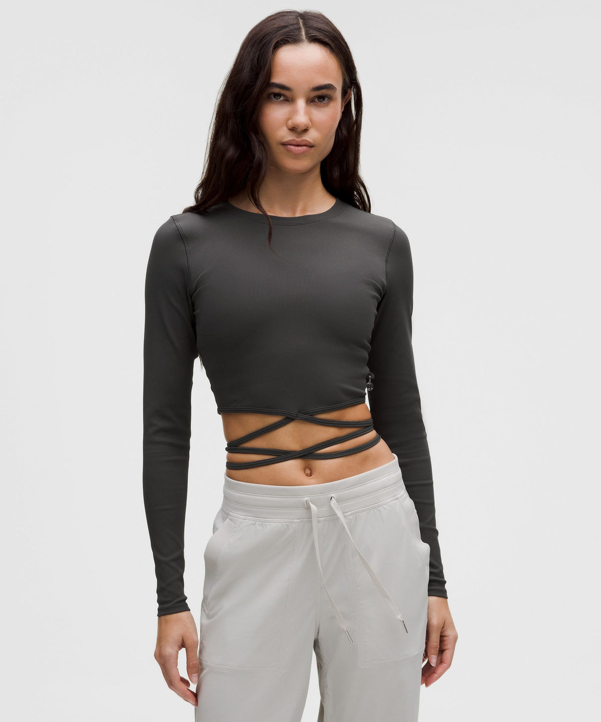 Logo Bead Ribbed Waist-Tie Long-Sleeve Shirt